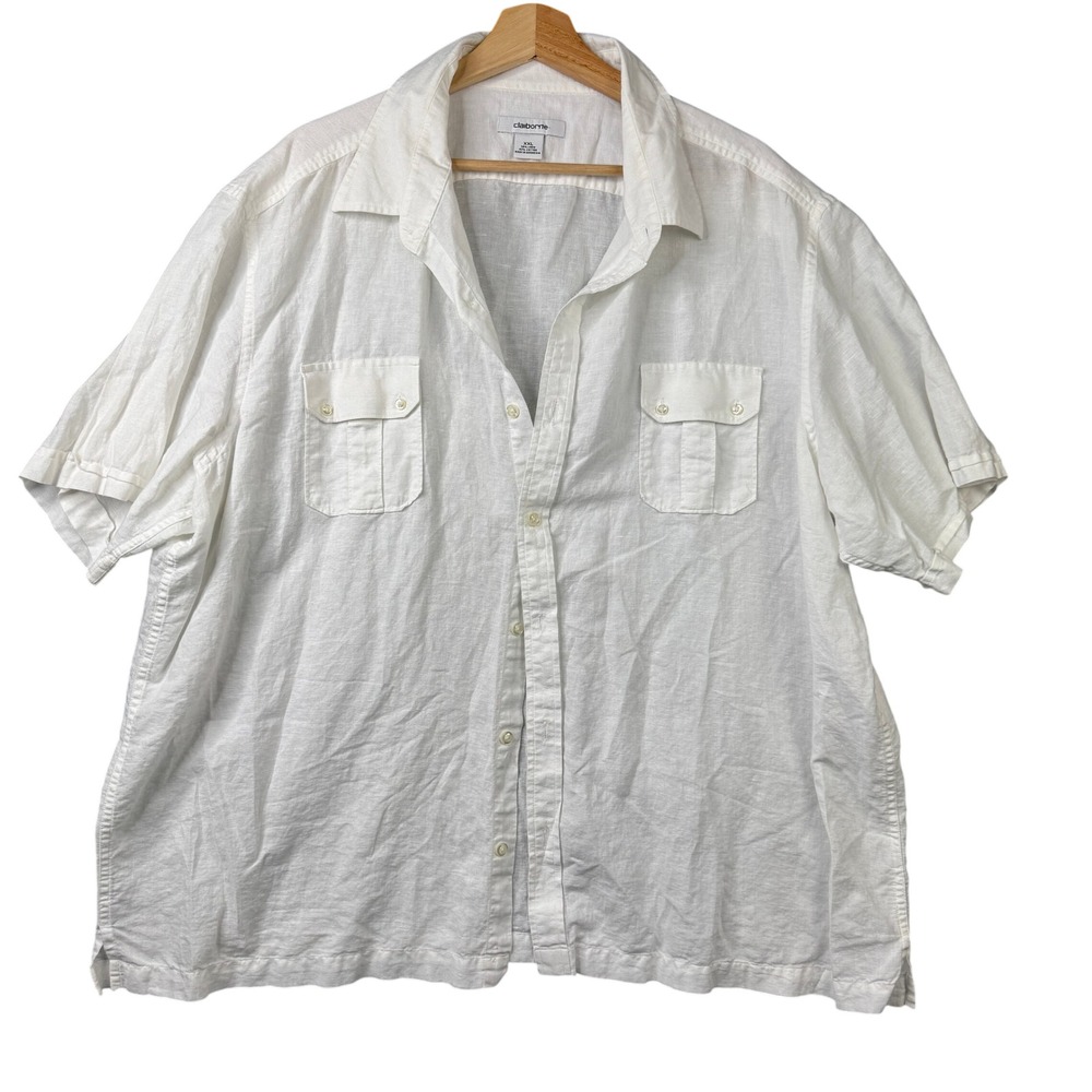 Claiborne Mens XXL White Linen Cotton Blend Short Sleeve Button Up Shirt Pockets